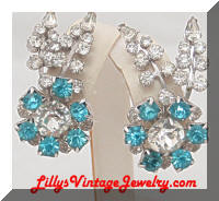 Quality Vintage Aqua Rhinestones Flower Spray Earrings Climbers