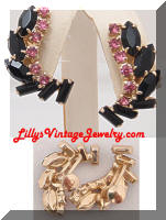 Vintage Black Pink Rhinestones Climber Earrings