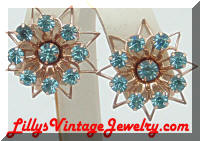 Gold tone Flowers Blue Rhinestones Vintage Earrings