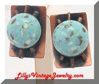 Copper faux Turquoise Modernist Vintage Earrings