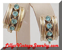 Vintage Retro Modern Golden Aqua Rhinestones Earrings