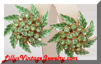 Vintage Green Enamel Peridot Rhinestones Earrings