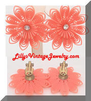 Vintage Orange Plastic Flowers Rhinestone Earrings