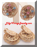 Vintage Wire Floral Pastel Rhinestones Earrings