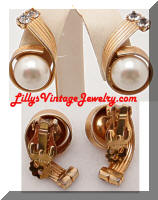 Vintage Rhinestones faux Pearls Golden Ribbon Earrings