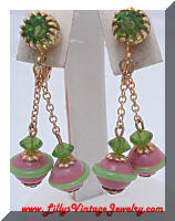 Pretty Pink & Green Crystals and Lampwork Beads Dangle Earrings