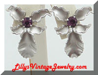 Elegant Purple Rhinestones Silver Orchid Earrings 