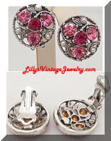 Vintage Pink Rhinestones Pearls Silver Earrings
