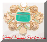 DeLIZZA and ELSTER AB Green Rhinestones Golden Filigree Beads Brooch