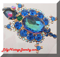 DeLIZZA and Elster Watermelon Blue Rhinestones Turtle Brooch