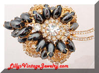 DeLIZZA & Elster Hematite Cabs Rhinestones Filigree Leaf Brooch