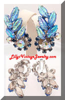Vintage DeLizza Elster JULIANA AB Blue Rhinestones Leaves Earrings