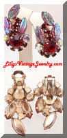 Vintage DeLizza Elster JULIANA AB Red Rhinestones Leaves Earrings