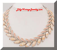 Vintage ART Beige Cabs Enamel Leaf Necklace