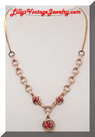 Vintage Pink Rhinestones Golden Love Knots Necklace