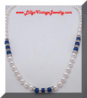 Vintage faux Pearls Blue Beads Rhinestones Roundel Necklace