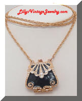 Golden Black Enamel Rhinestones Purse Locket Necklace