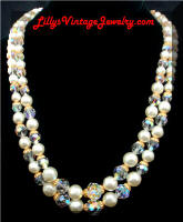 2 strands faux pearls crystals vintage necklace