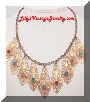 Vintage Golden Filigree Dangles Rhinestones Fringe Necklace