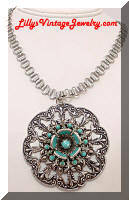 Vintage SouthWestern Turquoise Silver tone Pendant Necklace