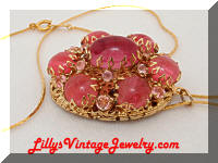 Vintage Art Glass Pink Cabs Rhinestones Locket Necklace