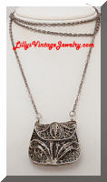 Vintage Silver Filigree Coin Purse Pendant Necklace