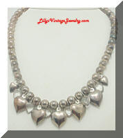 Vintage Silver tone Rhinestones Puffy Hearts Charm Necklace
