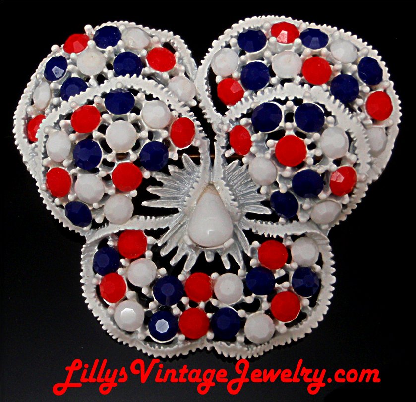 Lot 4 Vintage Costume Jewelry Pins Brooches 2 Rhinestone Red White and Blue  Bell & Crown and 2 Mid Century Modern