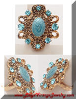 Large ICING Golden Aqua Rhinestones Enamel Cocktail Ring