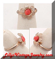 Vintage Silver Flower Coral Ring