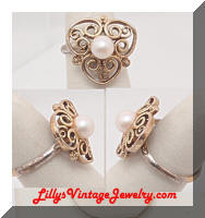 Vintage Golden STERLING Pearl Filigree Ring