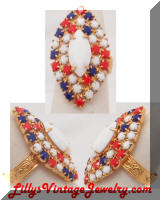 Opaque White Red Blue Rhinestones Cocktail Ring
