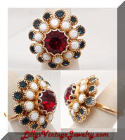 Patriotic Red White Blue Rhinestones Cocktail Ring