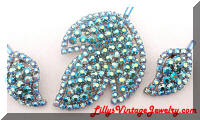 Vintage AB Blue Leaves Brooch and Earrings Set