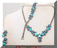 Vintage Aqua Rhinestones Deco Necklace Bracelet Earrings Set