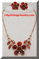 Vintage Fall Brown Floral Topaz Rhinestones Necklace Earrings Set