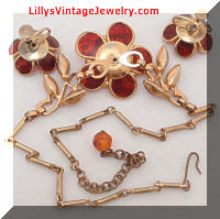 Vintage Fall Brown Floral Topaz Rhinestones Necklace Earrings Set