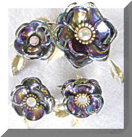 Vintage Metal Flowers AB Rhinestone Brooch  & Earrings SET