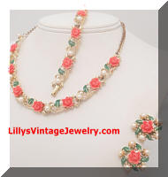 Vintage Coral Plastic Roses faux Pearls Necklace Bracelet Earrings Set