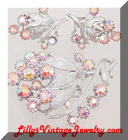 Vintage CORO AB Rhinestones Floral Silver Brooch Earrings Set