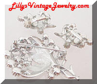 Vintage CORO AB Rhinestones Floral Silver Brooch Earrings Set