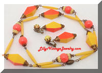 Deco Yellow Orange Plastic Beads Enamel Necklace Earrings Set