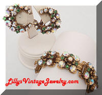 Vintage FLORENZA AB Rhinestones Golden Bracelet Earrings Set