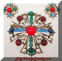 Vintage Gem Colored Cabs Maltese Cross Brooch Earrings Set