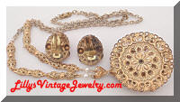 GERMANY Vintage Pink Red Filigree Pendant Necklace Earrings Set