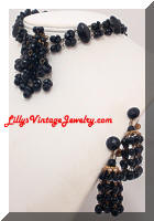 Vintage GERMANY Black Glass Beads Necklace Earrings Set