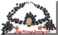 Vintage GERMANY Black Glass Beads Necklace Earrings Set