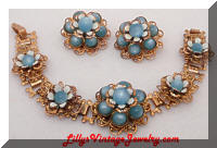 Vintage Golden Blue Moonglow Enamel Flowers Bracelet Earrings Set