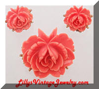 Vintage J.J. Coral Roses Brooch Earrings Set