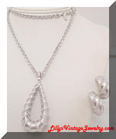 Vintage MONET Brushed Silver Hoop Necklace Earrings Set